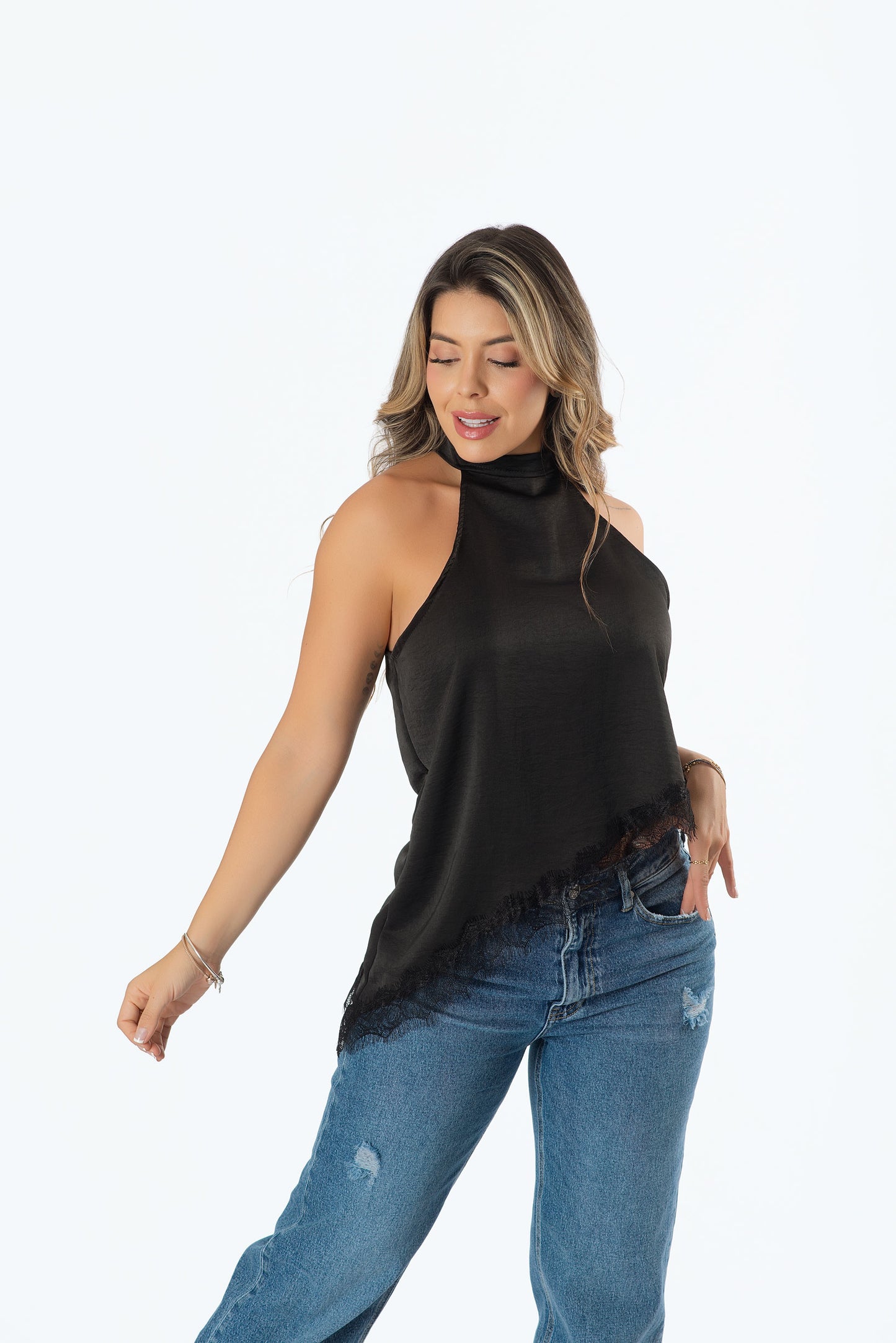 Blusa Diagonal con Franja en Satín