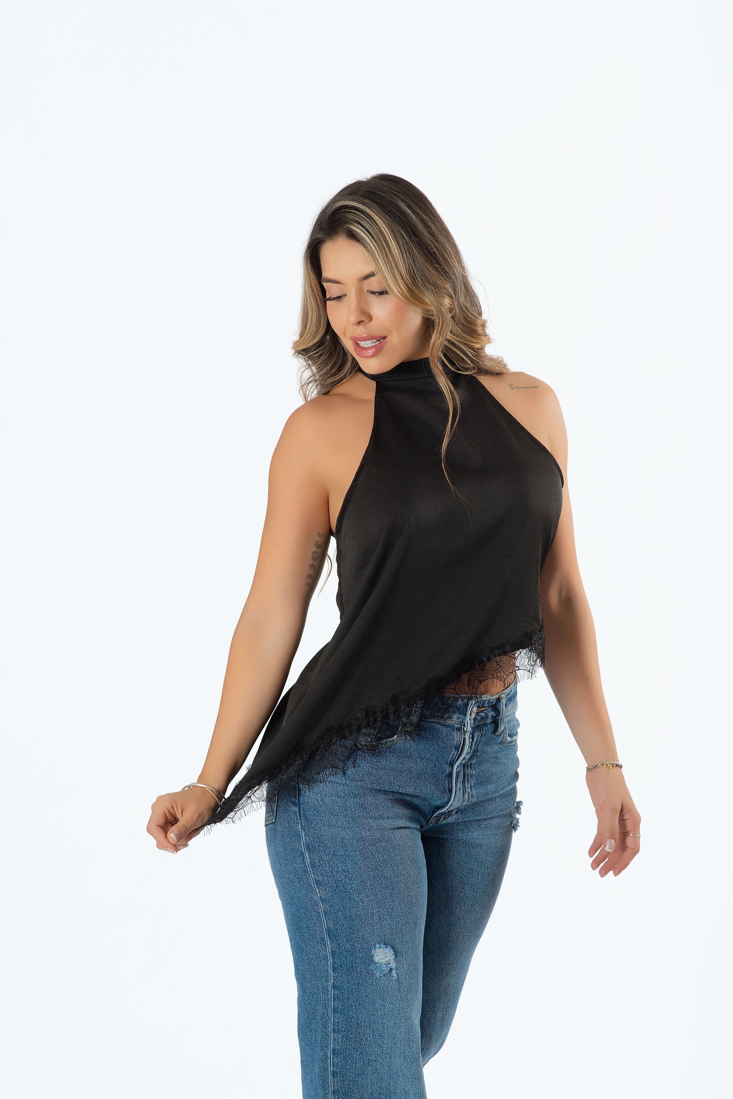 Blusa Diagonal con Franja en Satín