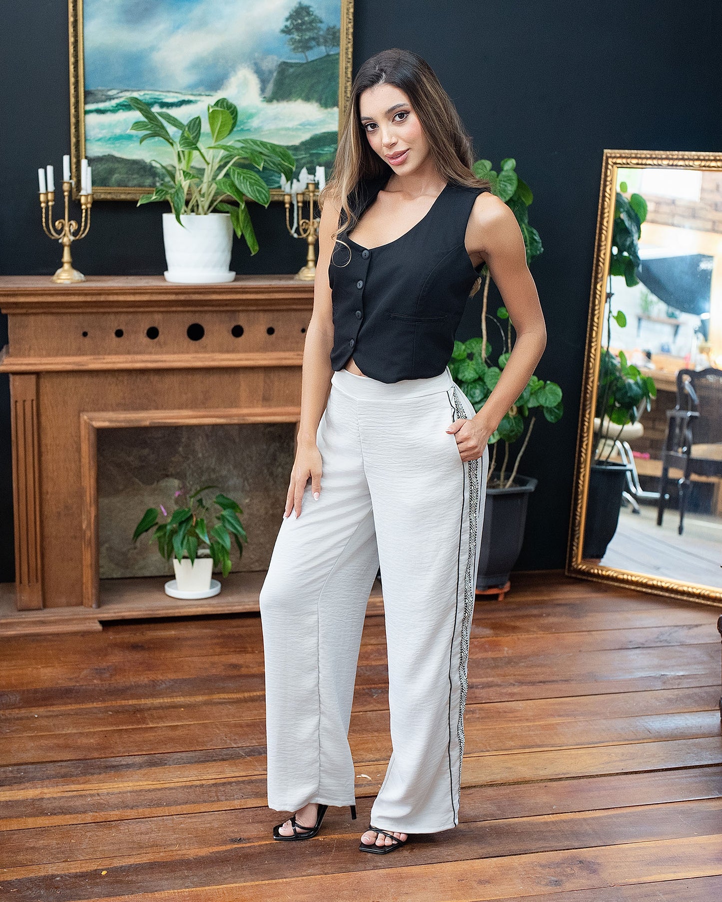 Pantalón Wide Leg Dama | Cinta Lateral Tejida