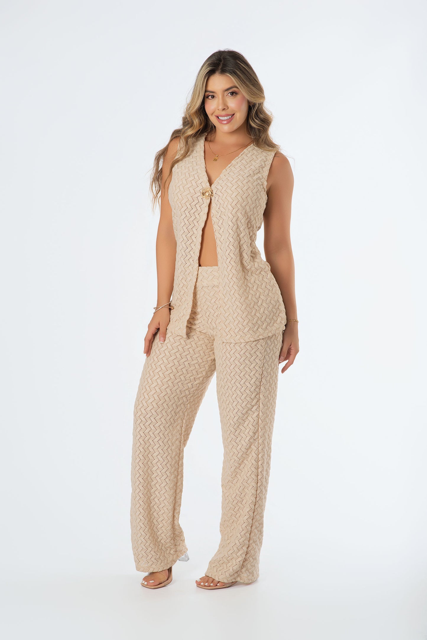 Set Chaleco Largo Tejido | Botón Grande Elegante