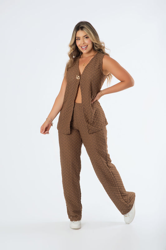 Set Chaleco Largo Tejido | Botón Grande Elegante